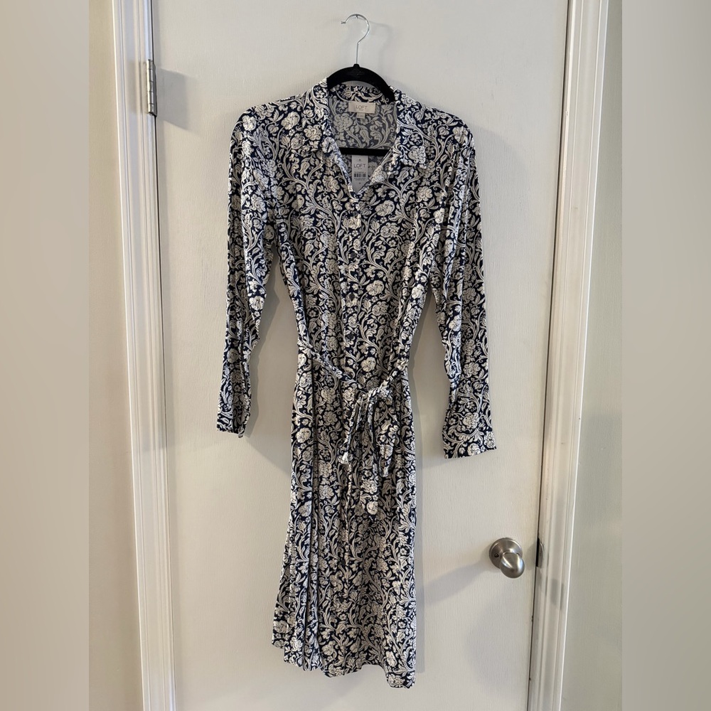 LOFT Navy and Cream Patterned Button Dress